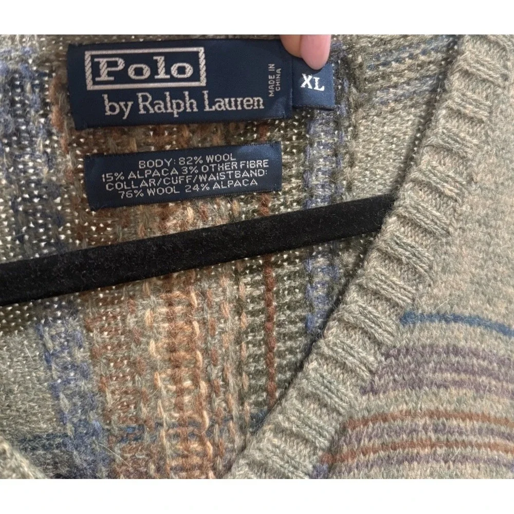 Polo Ralph Lauren Vintage 80's Sweater SZ‎ XL Green Wool Alpaca Plaid CabinCore